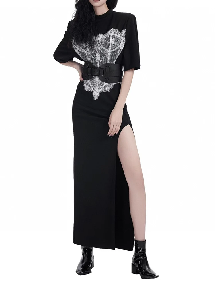 

High Quality Lace Embroidery Split Dresses Spring Women O Neck Slim Zipper Long Dress Autumn High Waist Solid Knee Length Dress