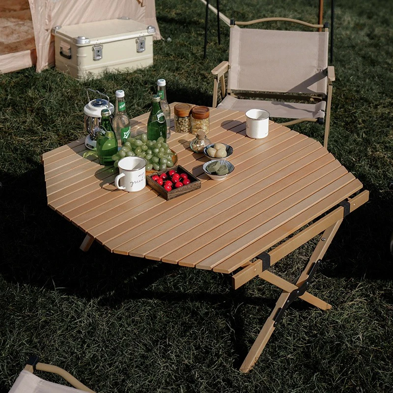 Outdoor star anise egg roll table folding camping self-driving picnic beach portable leisure solid wood