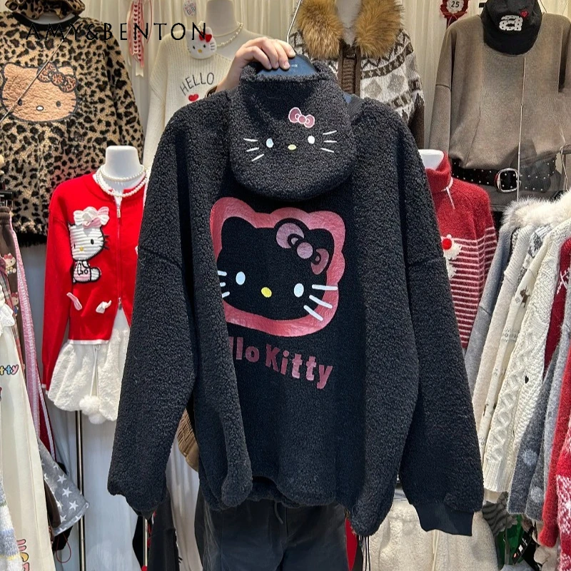 

New Winter Pullover Fleece Lined Thickened Lamb Wool Mid-Length Sweatshirt Long Sleeves Women's Loose Age-Reducing Warm Hoodies