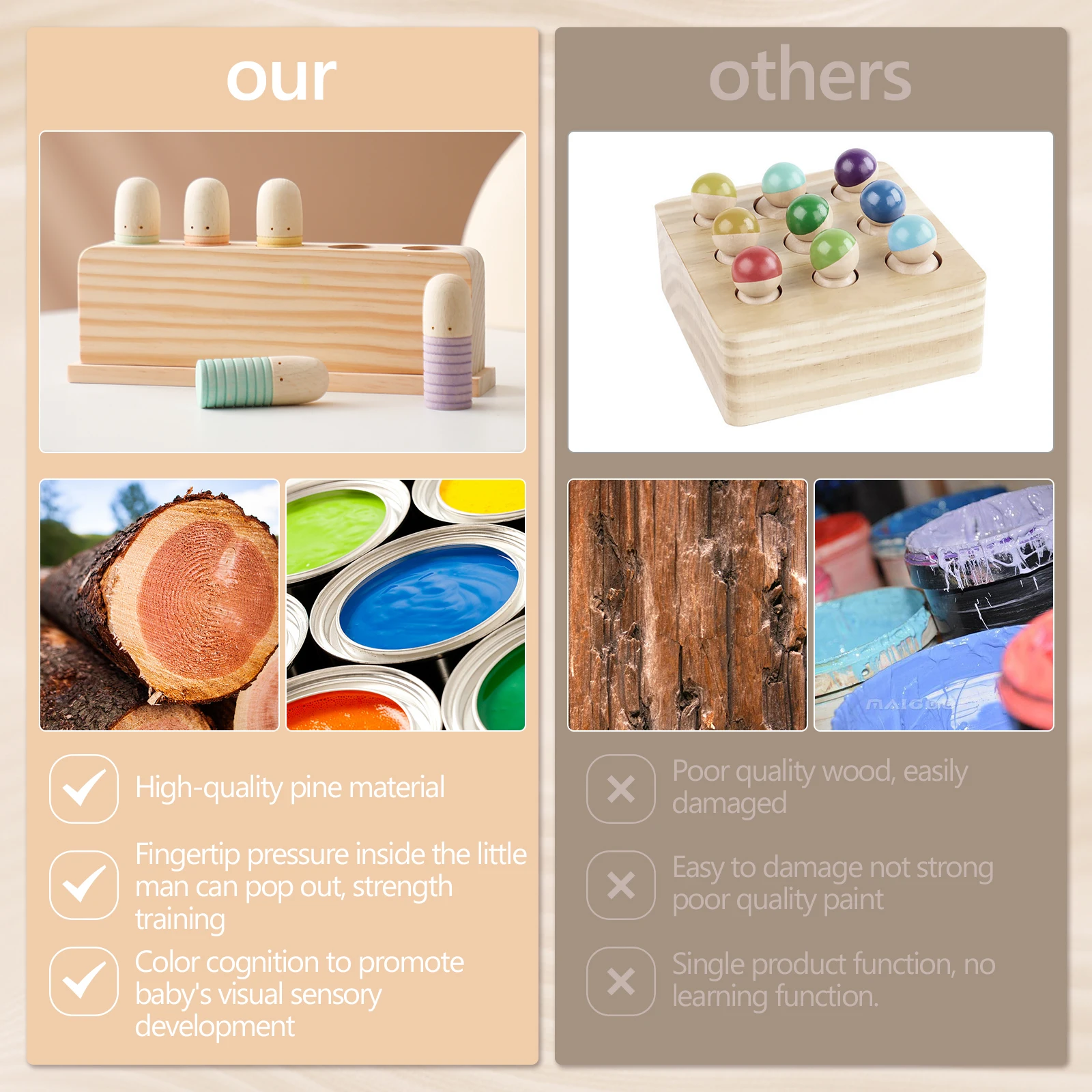 طفل الصنوبر خشبية كذاب لعبة مونتيسوري زراعة التعرف على الألوان اليد والعينين التنسيق القدرة الرضع القفز اللعب هدية #5