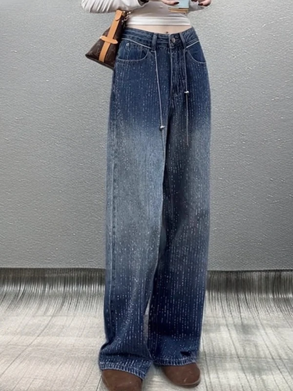 

Американские джинсы в стиле ретро с бриллиантами, свободные, прямые, с высокой талией, женские повседневные модные синие джинсовые брюки