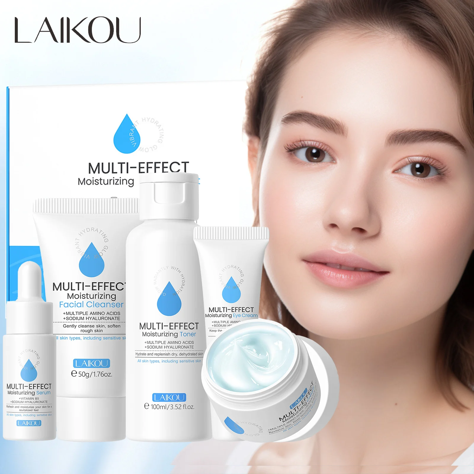 5pcs Multi-Effect Moisturizing Skincare Sets Amino Acids Cleanser Hyaluronic Acid Toner Serum Eye Cream Improve Dry Skin Cream