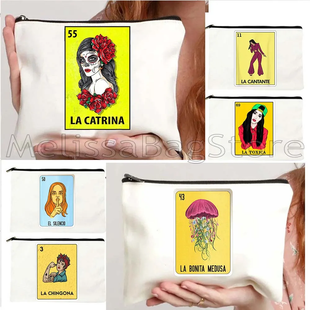 

El Catrin Muertos Tarot ESTRELLA SIRENA ROSA LA BANDERA Mexican Loteria Bingo Card Gifts Canvas Cosmetic Makeup Bag Case Pouch