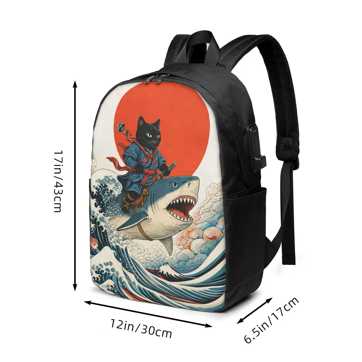 Cat Japanese Samurai Cat Riding Shark Backpack Travel Notebook Bag Computer College Student School Bag Laptop Shoulder Bags