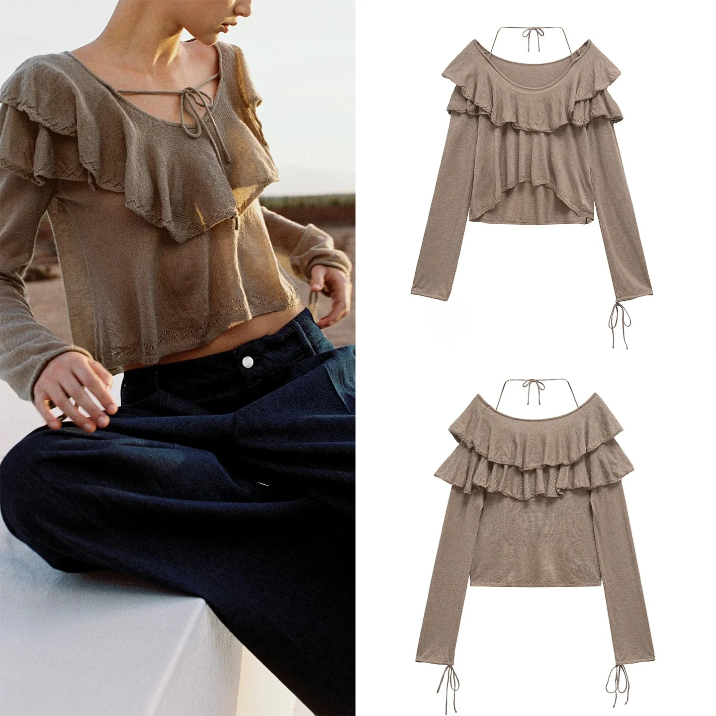 

Z Женский вязаный свитер Faion V-ne Long Sve с декоративным слоем Ele Street Sle из полиэфирного волокна