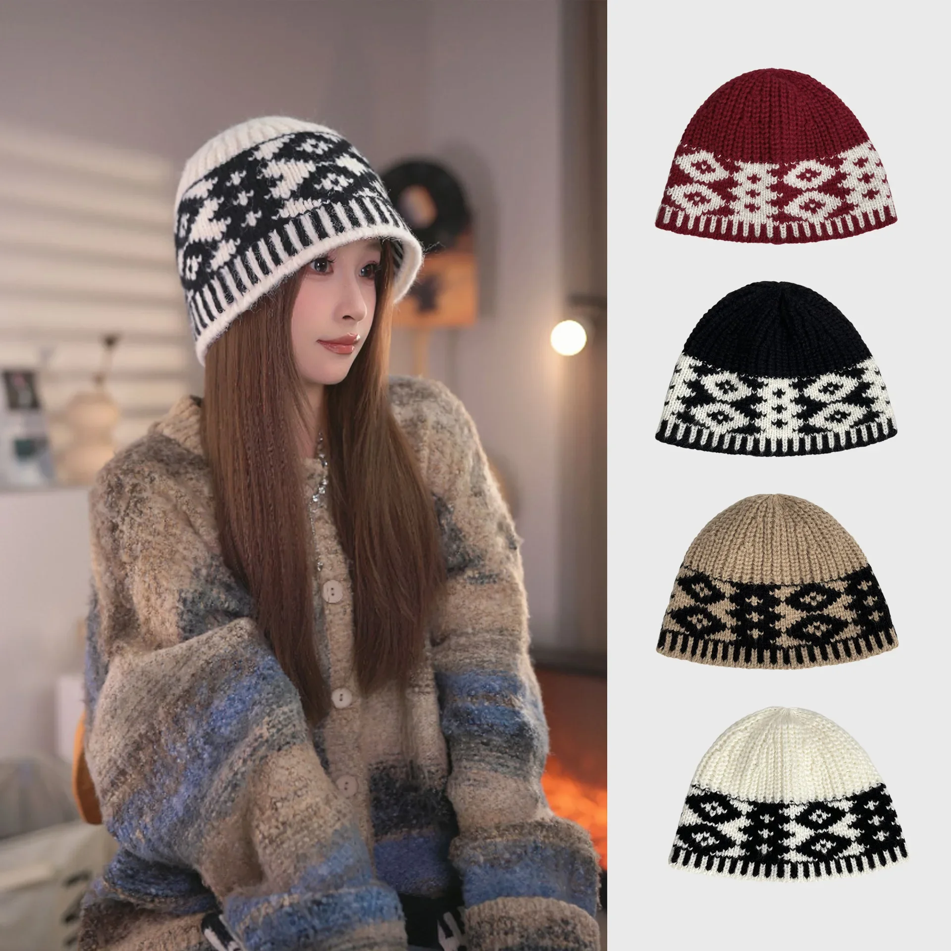 

Retro Wool Hat Autumn and Winter Women's Warm Ear Protection Versatile Face Small Color Matching Warm Knitted Bucket Hat