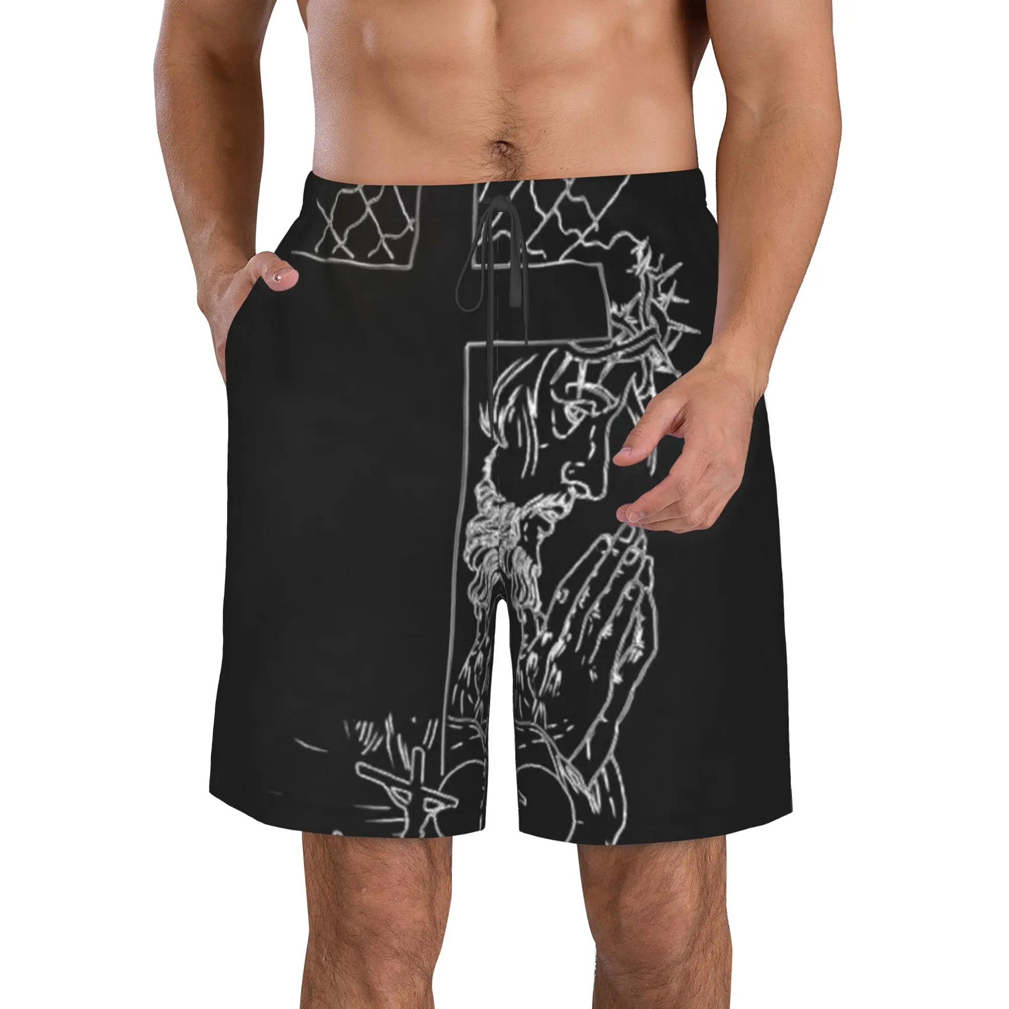 Jesus Christ and Christian Cross Dark Print Trunks Beach Board Shorts Casual Quick Dry Swim Summer Men Pants