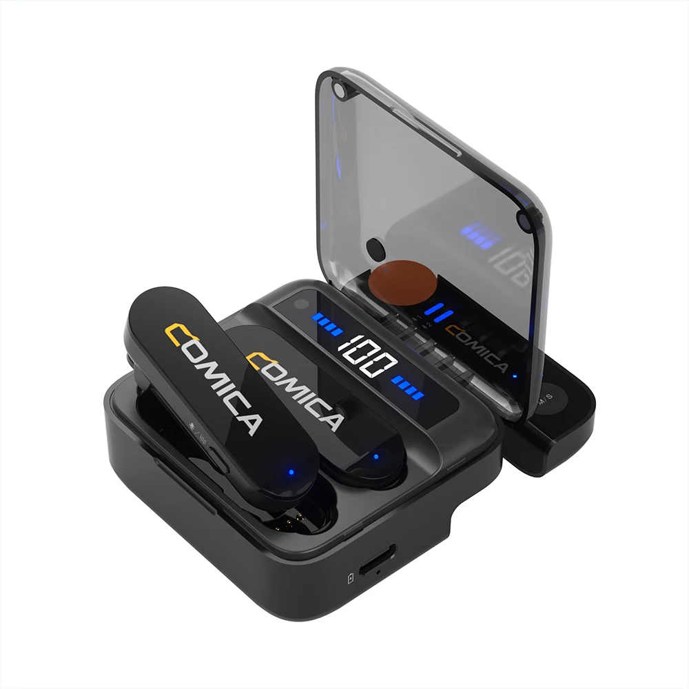 Comica Vimo S microfono Wireless USB-C/interfaccia Lightning 2.4G microfono compatto con risvolto con custodia di ricarica per SmartPhone IPad