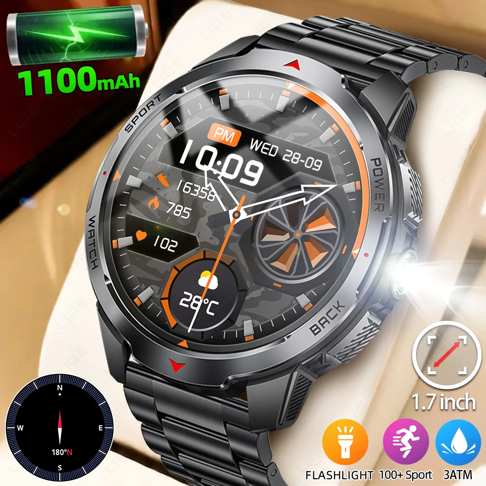 

New1100mAh Large Battery Smart Watch 1.7-inch HD Screen Compass Smartwatch LED Flashlight Outdoor Sports Smart Bracelet Men 2026