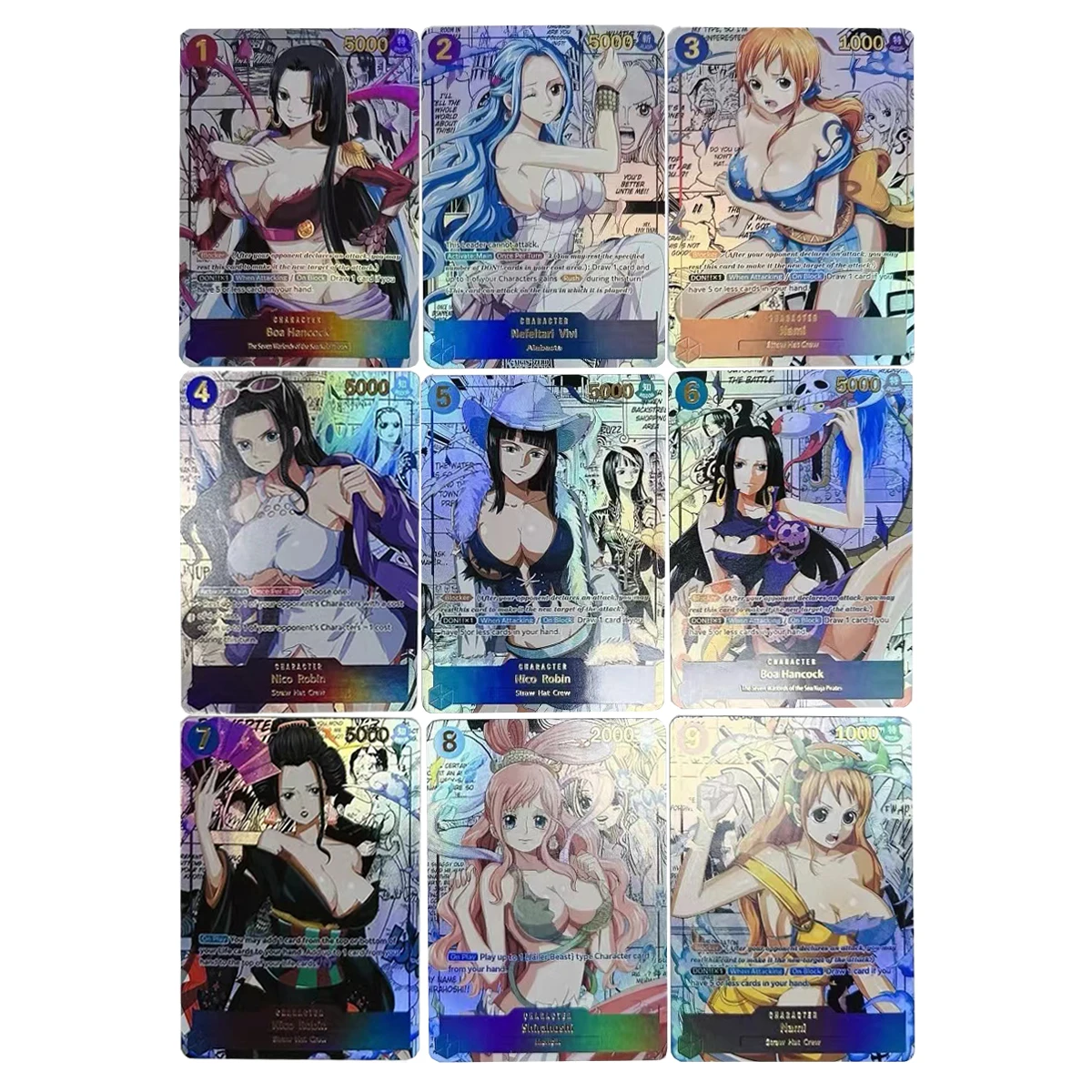 9Pcs/set Diy One Piece Robin Vivi Nami Collection Cards Hot Stamping Refraction Color Flash Hancock Classic Anime Card Gift Toys