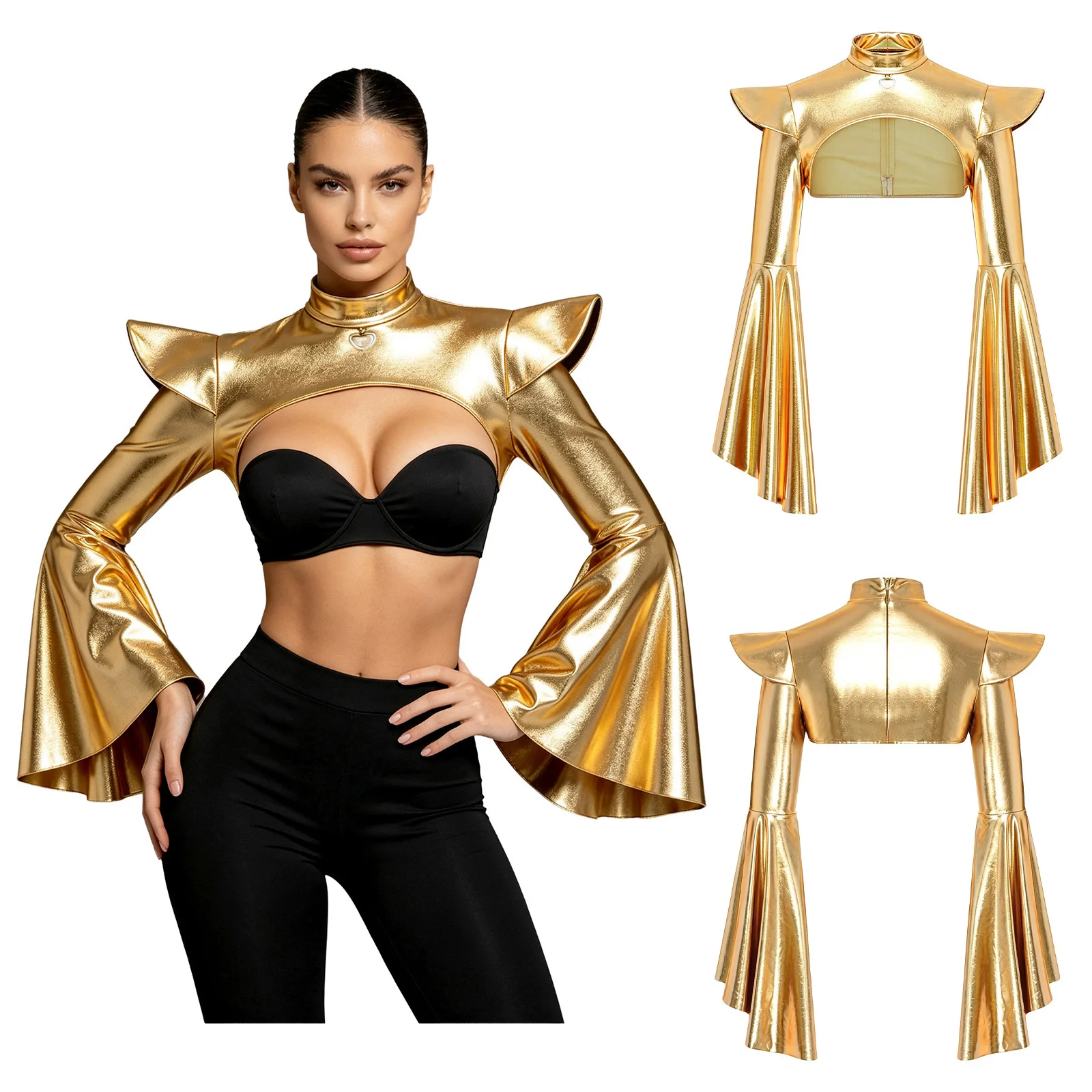 Women Split Flared Sleeve Zipper Metallic Shiny Gothic Shawl Crop Top for Halloween Carnival Cosplay Club Rave Party Performance