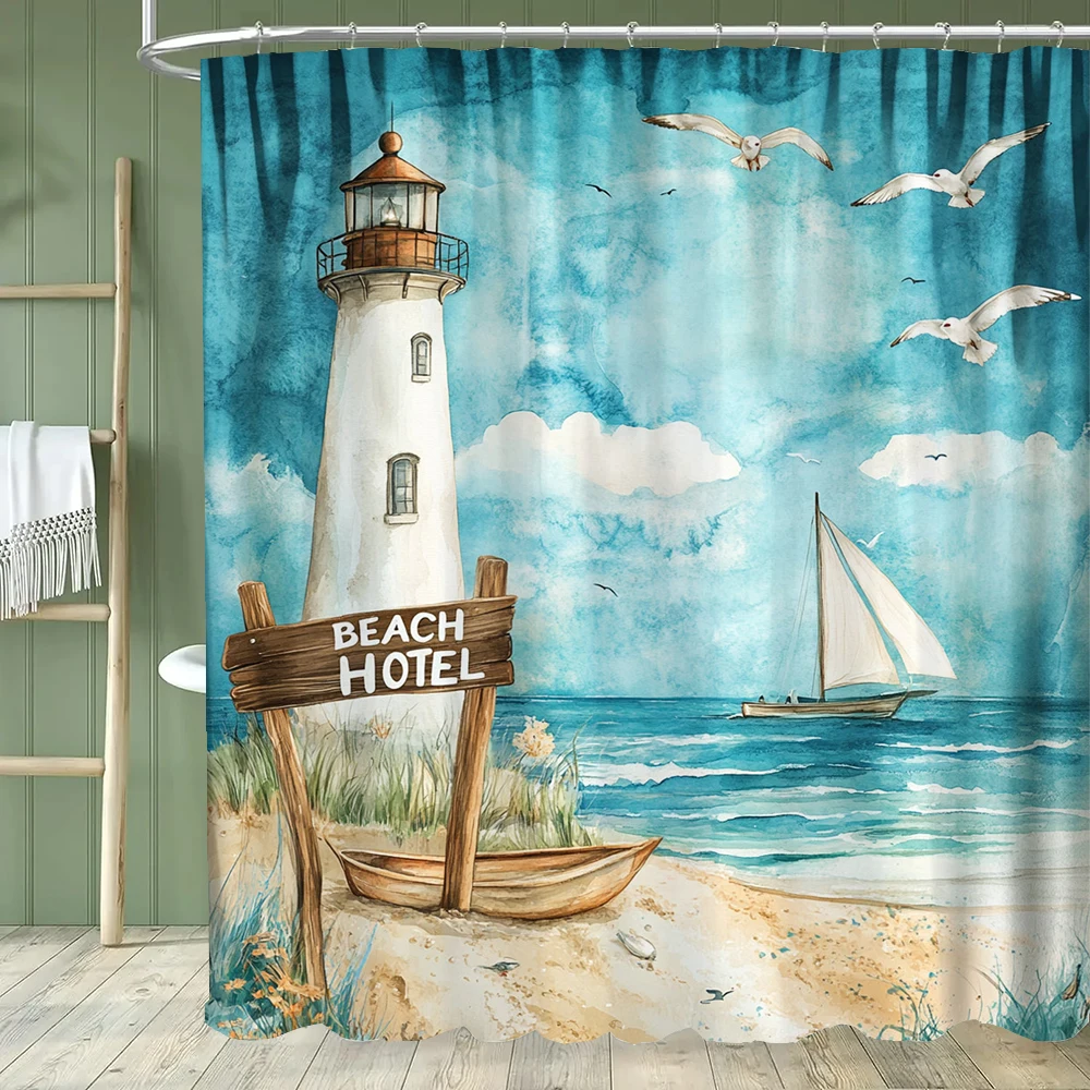 

Blue lighthouse coastal scenery Shower Curtain, Beach Ocean Sea Bathroom Decorative Shower Curtain, Home Curtain with Hooks