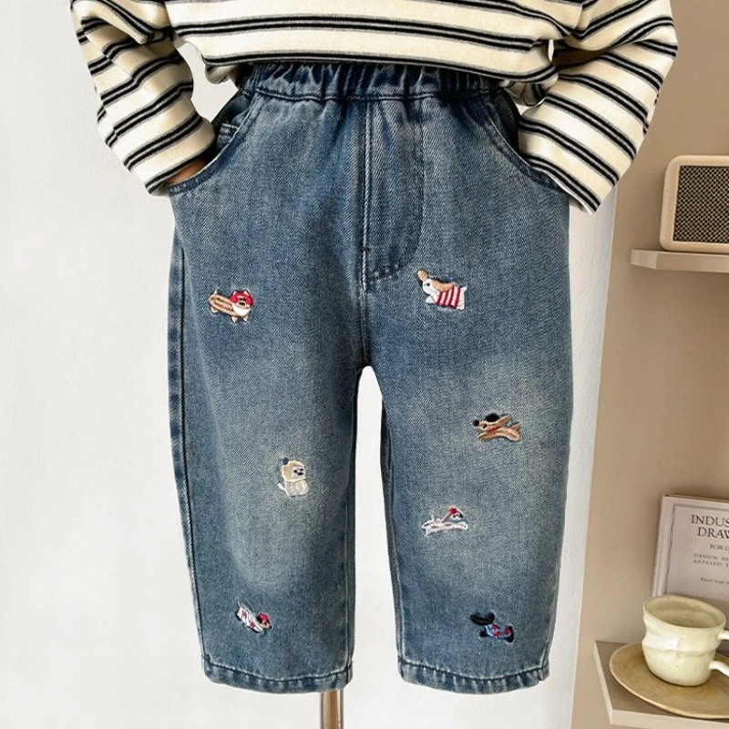 Spring Autumn New Korean Style Kids Jeans Cute Puppy Embroidery Casual Long Pants for Boys Versatile Fashion Trousers