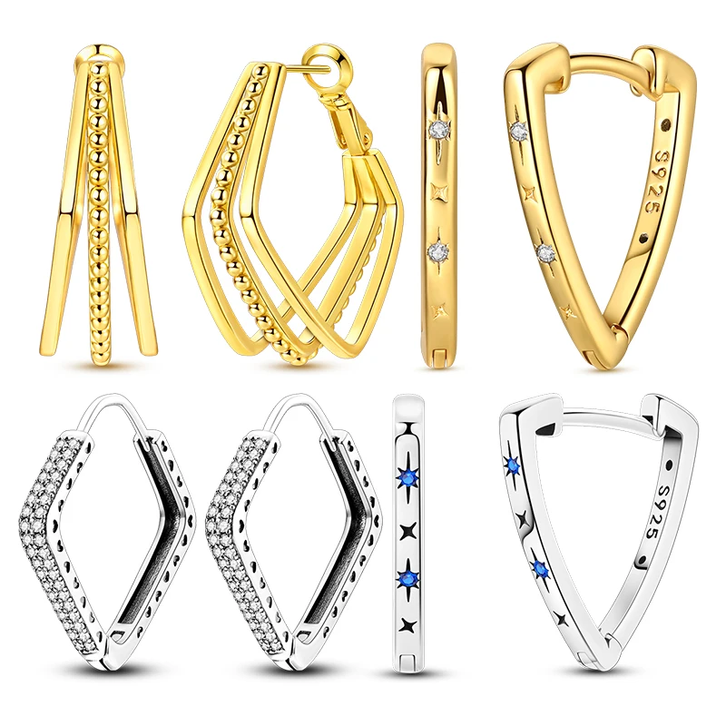 

Earring Original 925 Sterling Silver Sparkling Classic Rhombic Triangular Starburst Hoop Earring Fine Jewelry Gift for Women Men