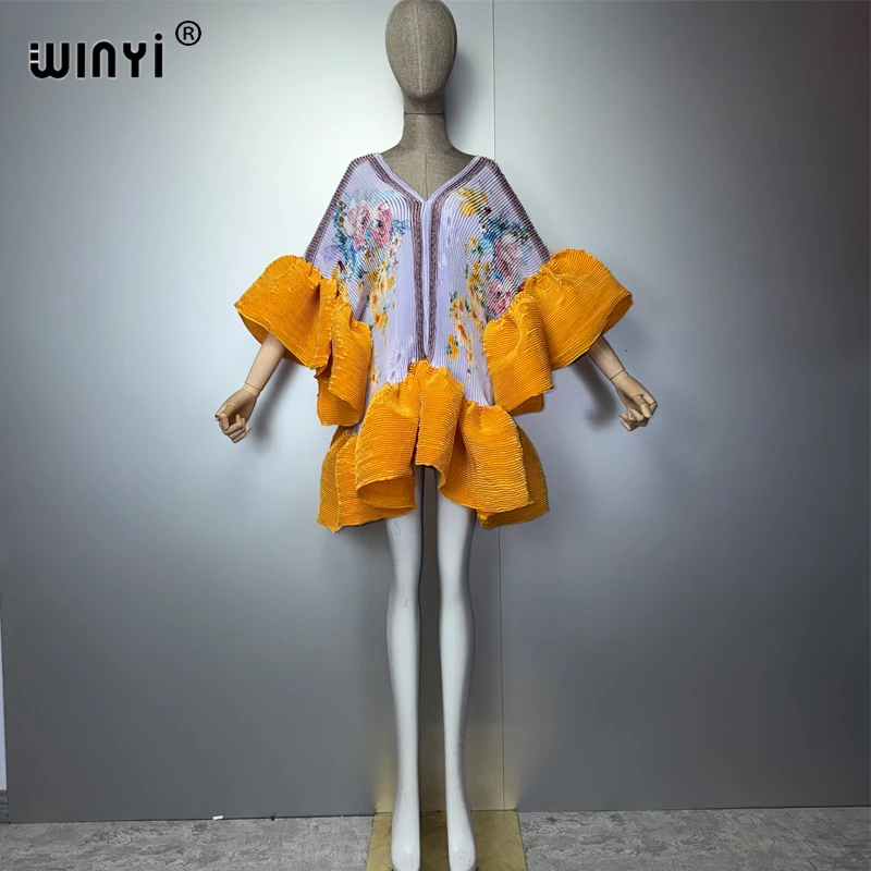 Женское плиссированное эластичное короткое платье WINYI: Элегантный пляжный кафтан-абайя для роскошных вечерних образов в Дубае, мусульманская мода