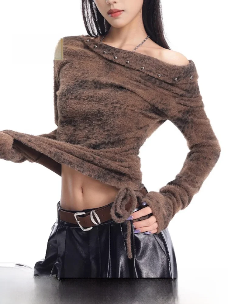 

Женская футболка Long Sve в стиле ретро американского кофейного цвета с заклепками, асимметричный дизайн, внутренняя одежда, топ ort Sle