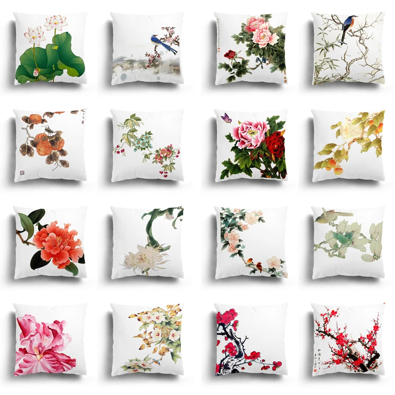 

Flower and bird pattern square pillowcase car sofa office chair soft plush home decoration accessories