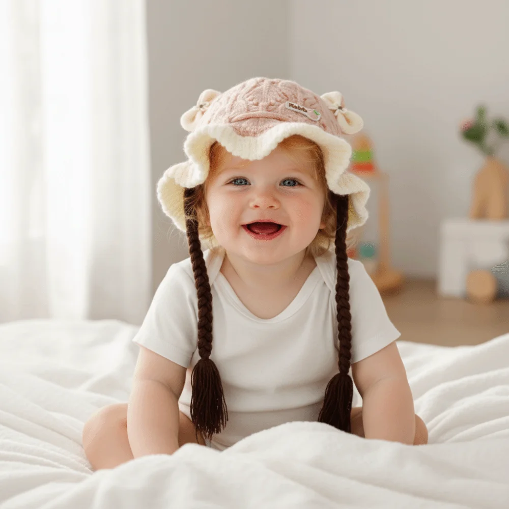 만화 따뜻한 아기 니트 모자 방풍 통기성 아기 가발 모자 부드러운 귀 보호 캡 아기용