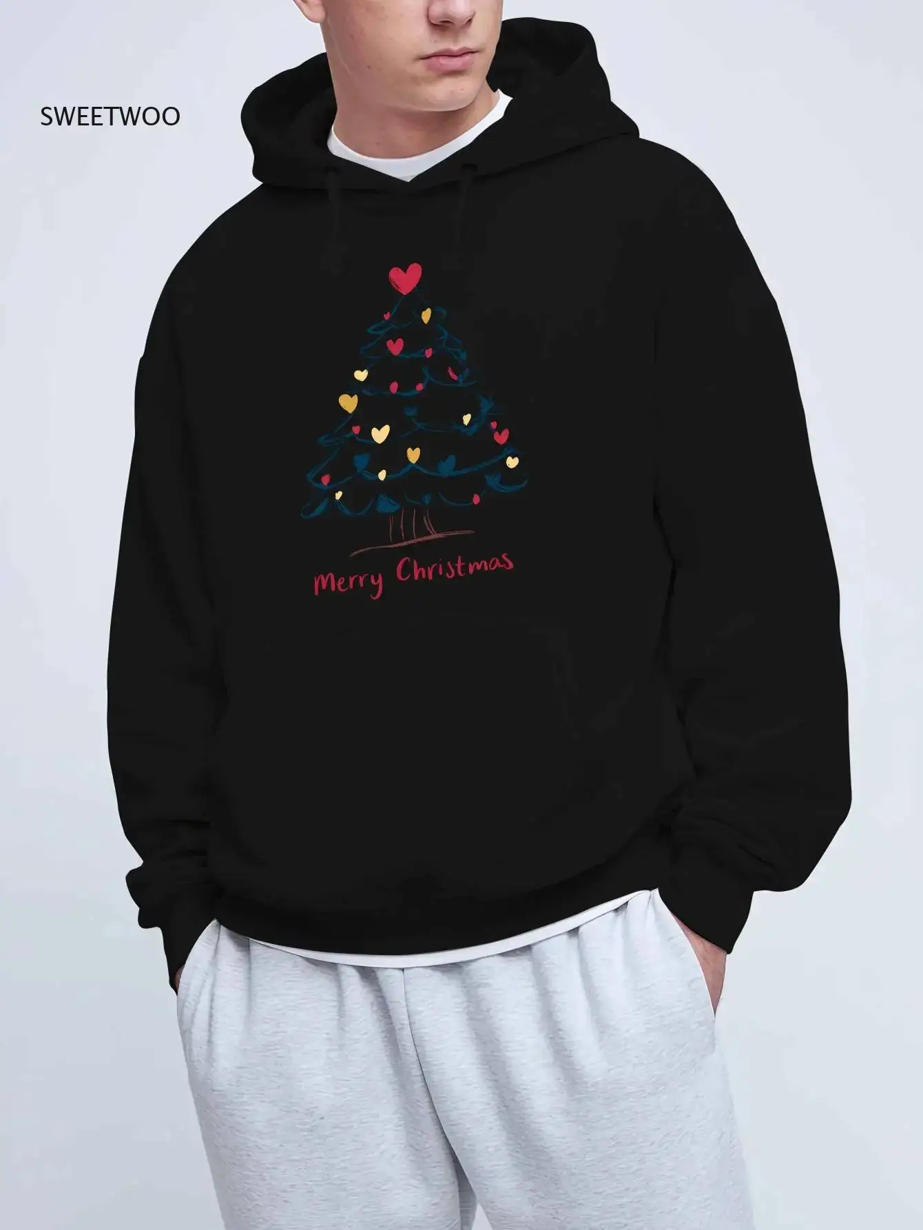 

Men's Christmas Tree Print Hooded Sweatshirt - Red & Green Holiday with Merry Christmas Lettering, Soft Knit Fabric Drawstring