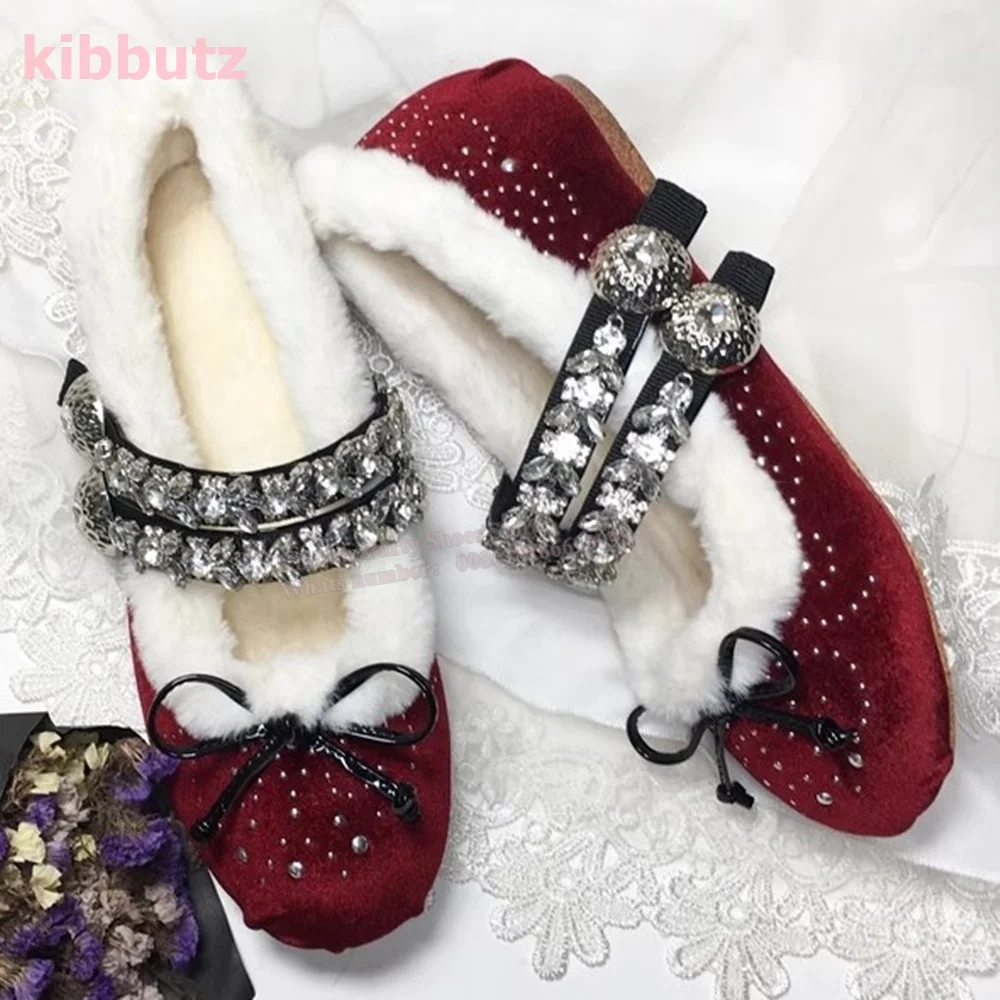 

Ballet Wool Rhinestone Pumps Glossy Bows Soybean Round Toe Flat With Bottom Inner Increase Winter Warm Concise Fashion Shoes New