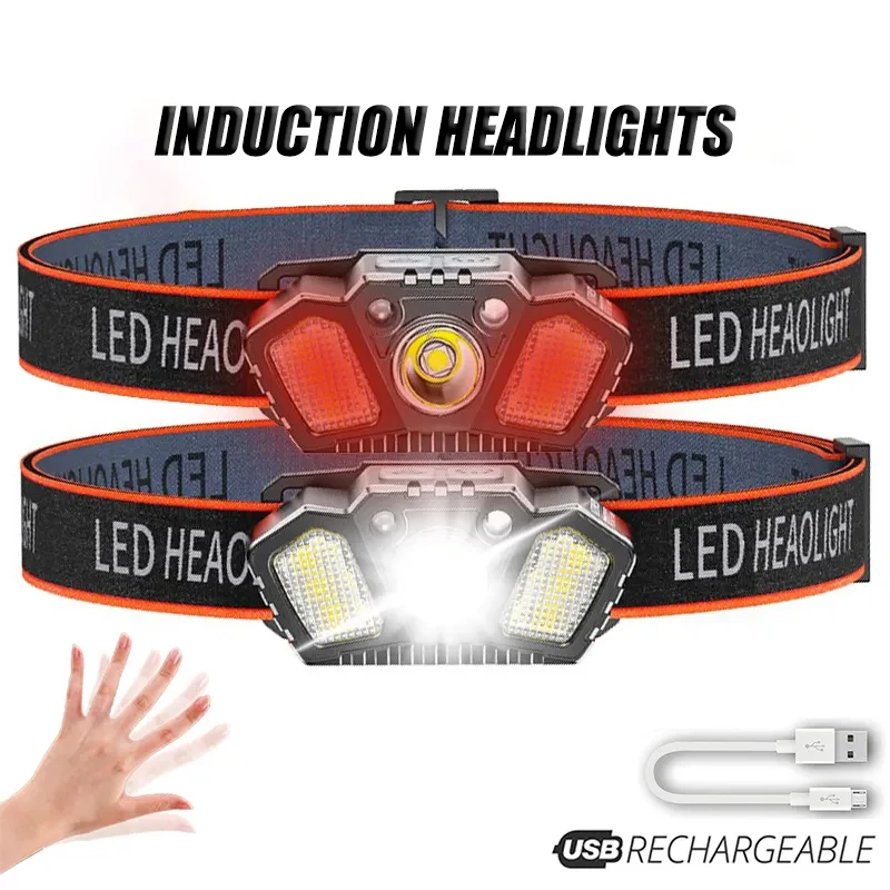 Super Bright LED Sensor Headlamp USB Rechargeable With Red Caution Light 5 Modes Outdoor Fishing Camping Hiking Head Flashlight