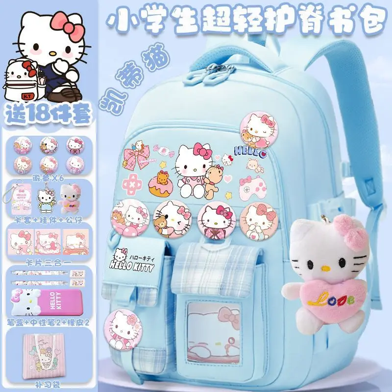 Sanrio tas sekolah Hello Kitty pria dan wanita, ransel pelindung tulang belakang anak ringan, tas punggung dua bahu lucu untuk pelajar pria dan wanita