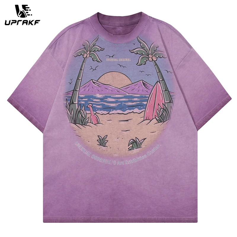 

UPRAKF Retro Beach Print T Shirt Oversize Tees Fashion Casual Top Short Sleeve Streetwear Pure Cotton Loose Summer