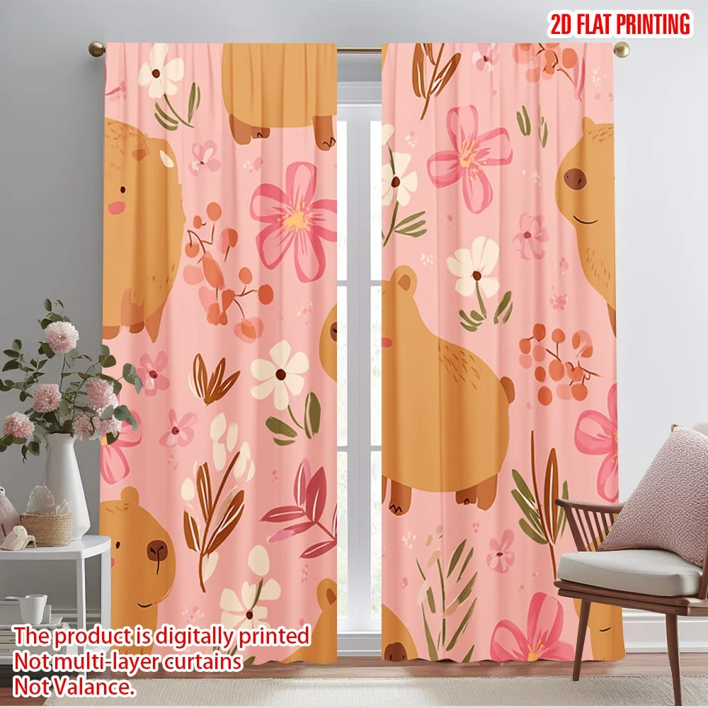 2pcs,2D plane printing Print Curtains Capybara Floral Bliss Durable Polyester (without rod) Versatile All for Living Room,