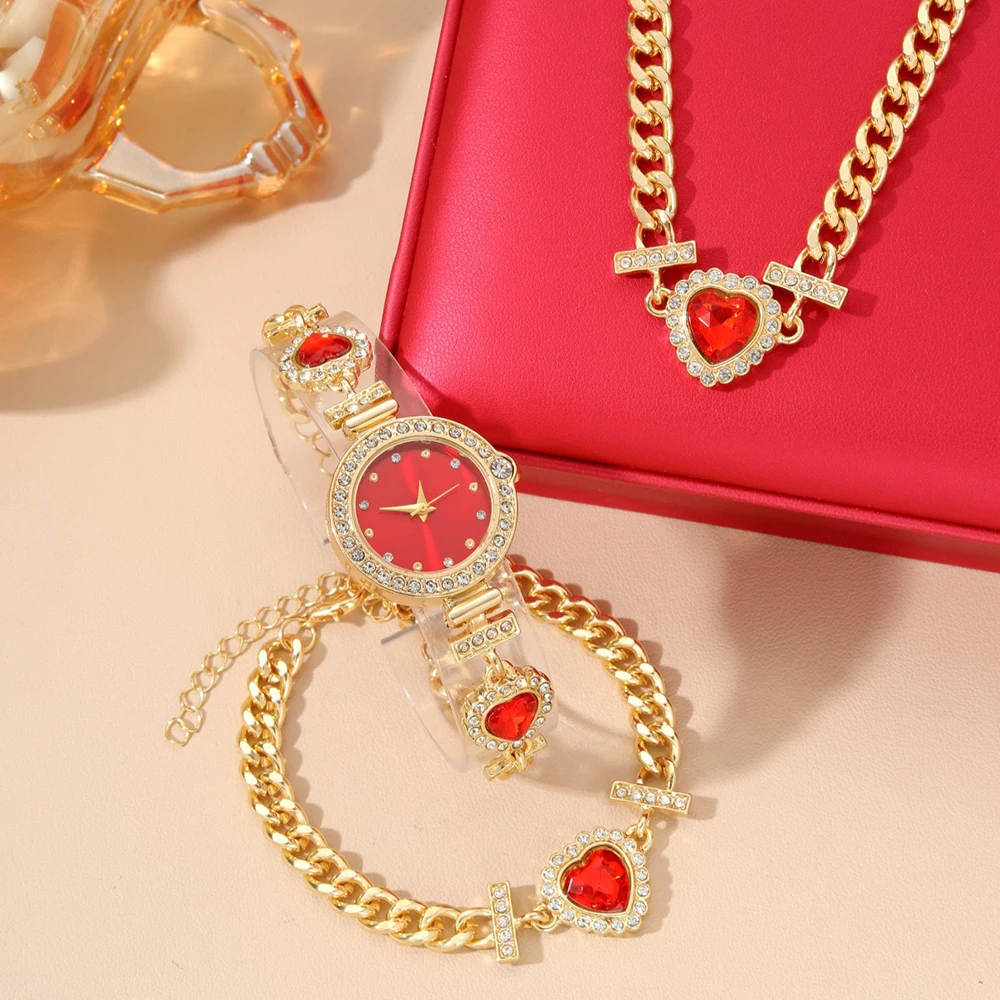 3 Pcs Set Women's Watch Inlaid Love Diamond Small dial Luxury Brand Temperament Bracelet Watch With Necklace Bracelet + Box