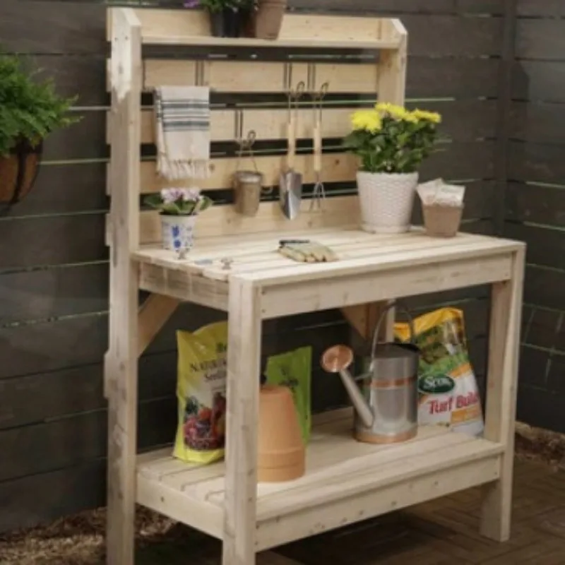 Retro log garden table Solid wood flower room Indoor three-layer gardening console Chinese fir old gardening table