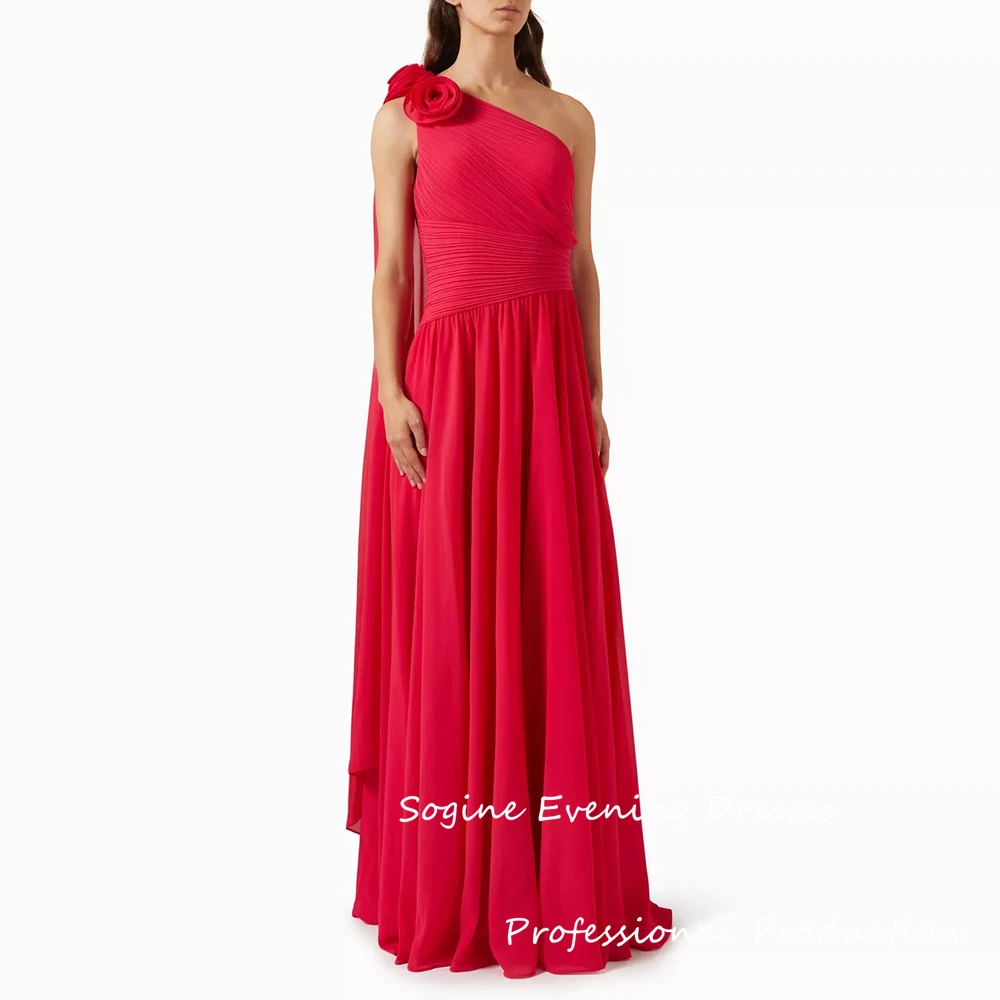 

One-Shoulder Prom Dresses In Chiffon Elegant 3d Flowers Pleated Cocktail Evening Dress Long فساتين سهرة Formal Party Gowns