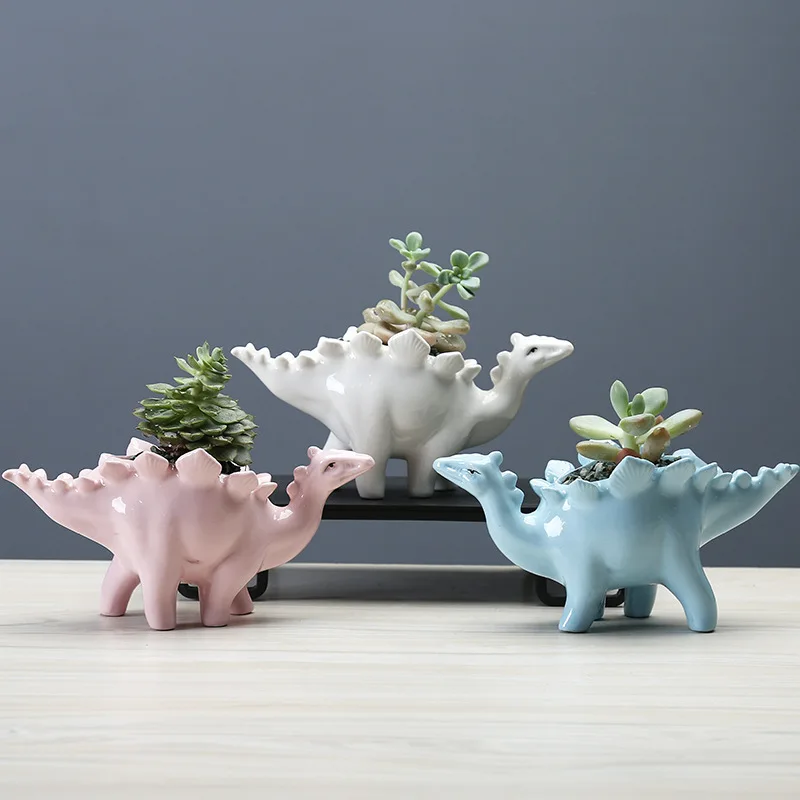 Handmade Stegosaurus Dinosaur Ceramic Flower Pot Succulent Planter Mini Cactus Bonsai Desktop Tabletop Home Office Decor Gift