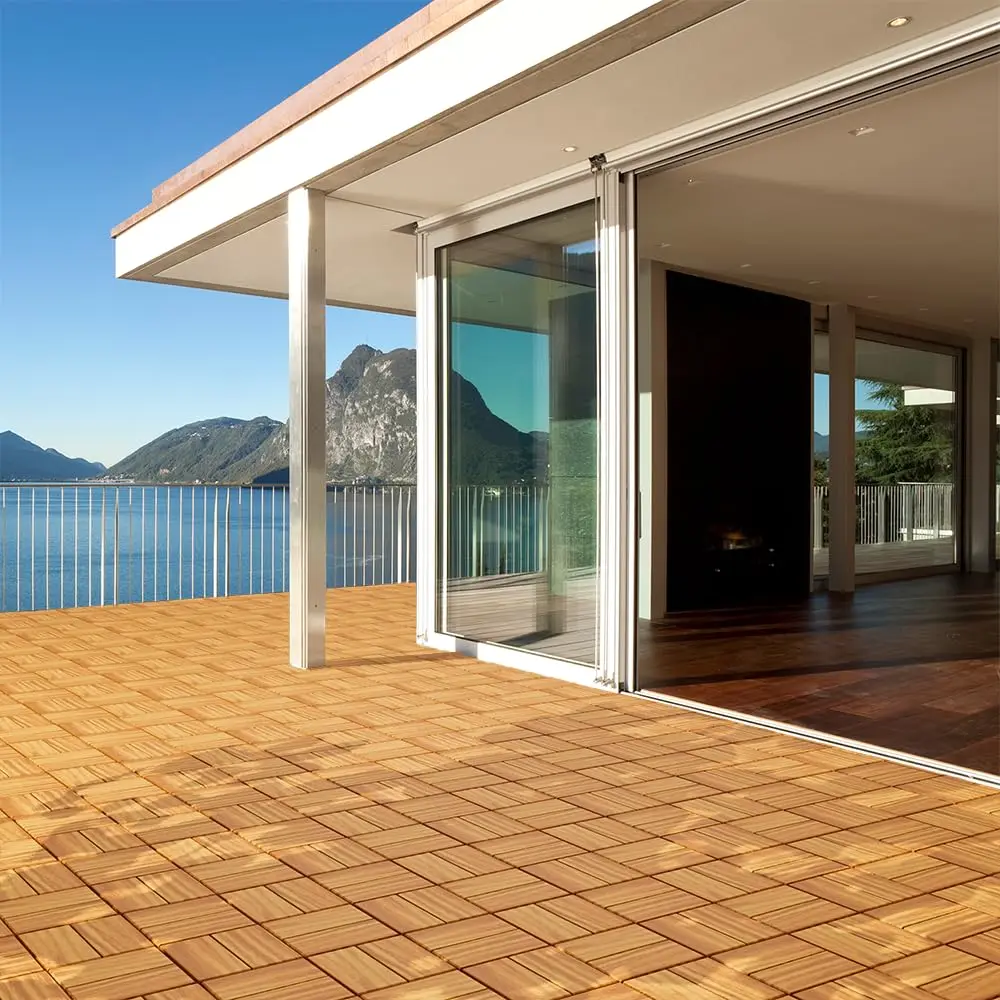 27Pcs Interlocking Deck Tiles, Acacia Wood Flooring, 12x12in Raised Base, Customized