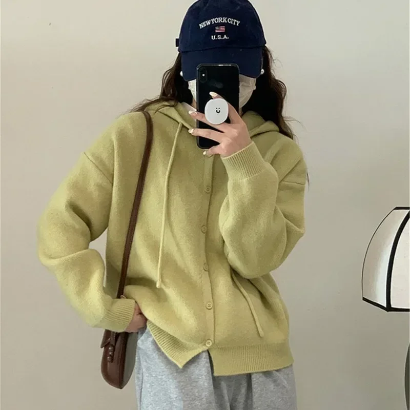 

Women Sweater Simple Knit Lazy Style Cardigan Sweater Hooded Pull Rope Loose Top Korean Style Spring and Autumn Casual Coats