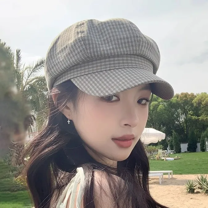 100% Cotton Plaid Newsboy Caps Unisex Retro British Style Thin Spring Summer Beret Hat Big Head Size Painter Cap 4 Colors Fashio