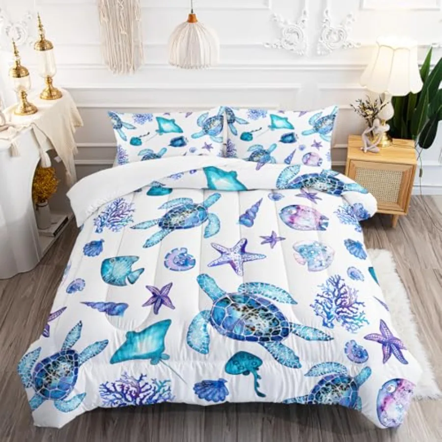 

Blue Sea Turtle Comforter 3Pcs Ocean Bedding Set Coral Starfish Shell Fish Bedding Set for Kid Teen Girl Boy Adult Bed Decor Co