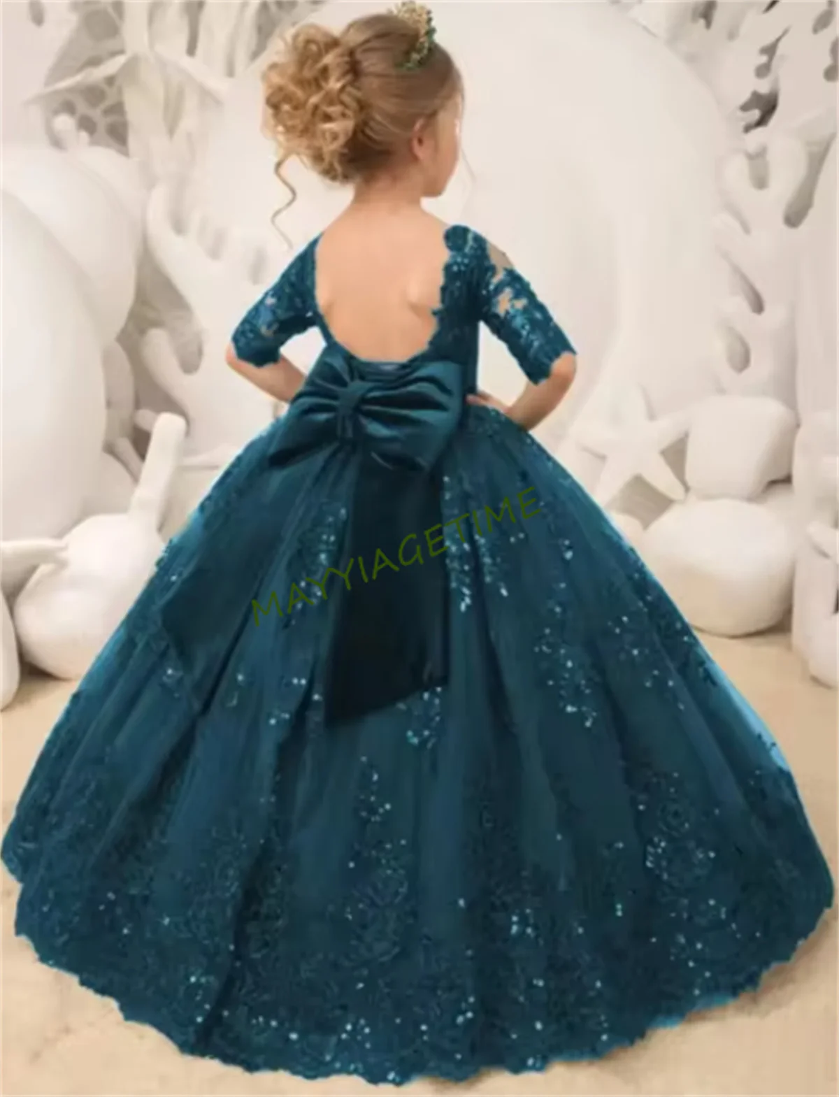 

Elegant Lace Flower Girl Dress Tulle Half Sleeve Sequin Bow Baby Girl Princess Wedding Kids Birthday Gift Party First Communion