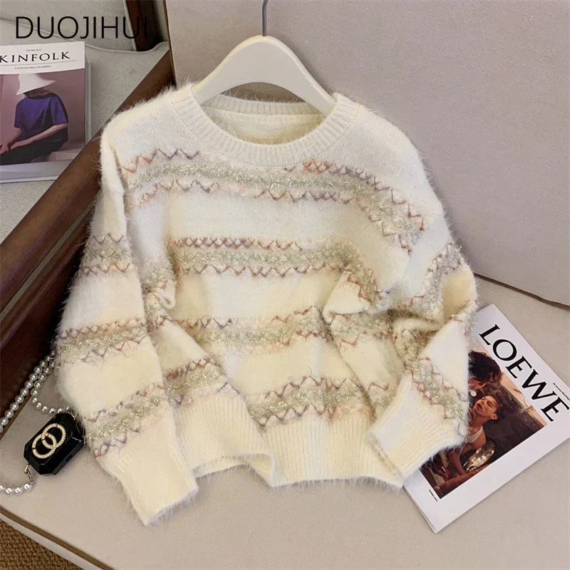 DUOJIHUI Pink Striped Sweet Soft Simple Sweater Women Pullovers Autumn New Knitting Basic O-neck Casual Fashion Female Pullovers