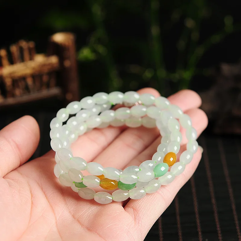 Myanmar Light Green Rice Jade Ice Glutinous Beads Chain Long Necklace Women