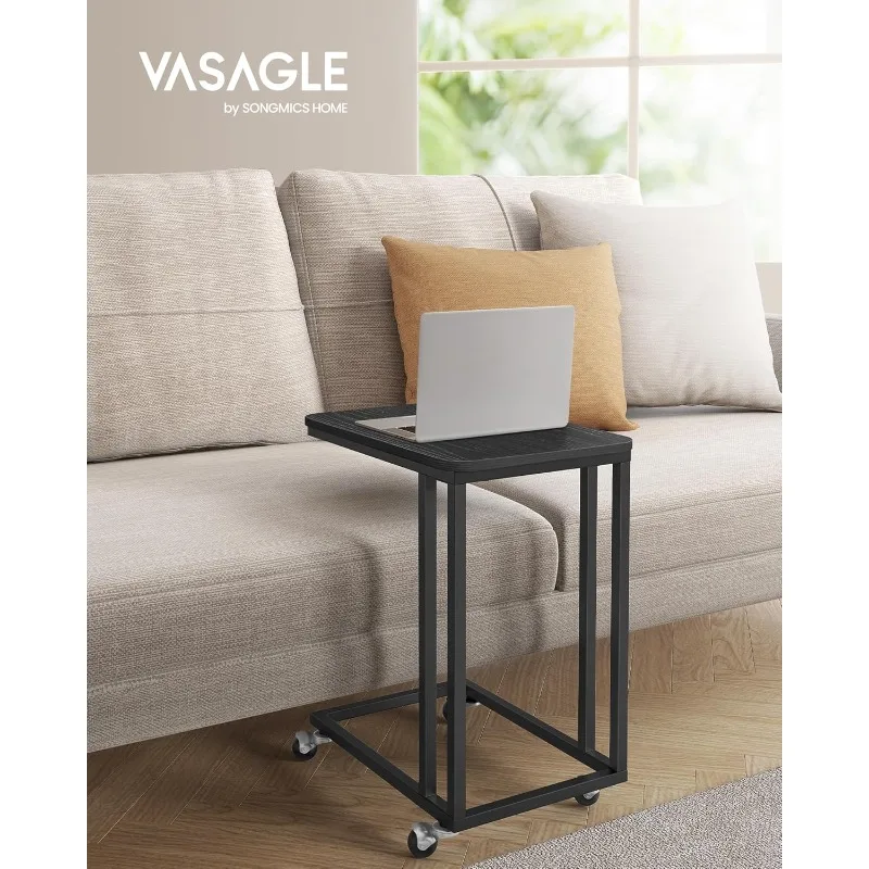 C Shaped TV Tray with Metal Frame Rolling Casters for Coffee Laptop Mobile Tablet, Industrial Side Table for Living Room Bedroom