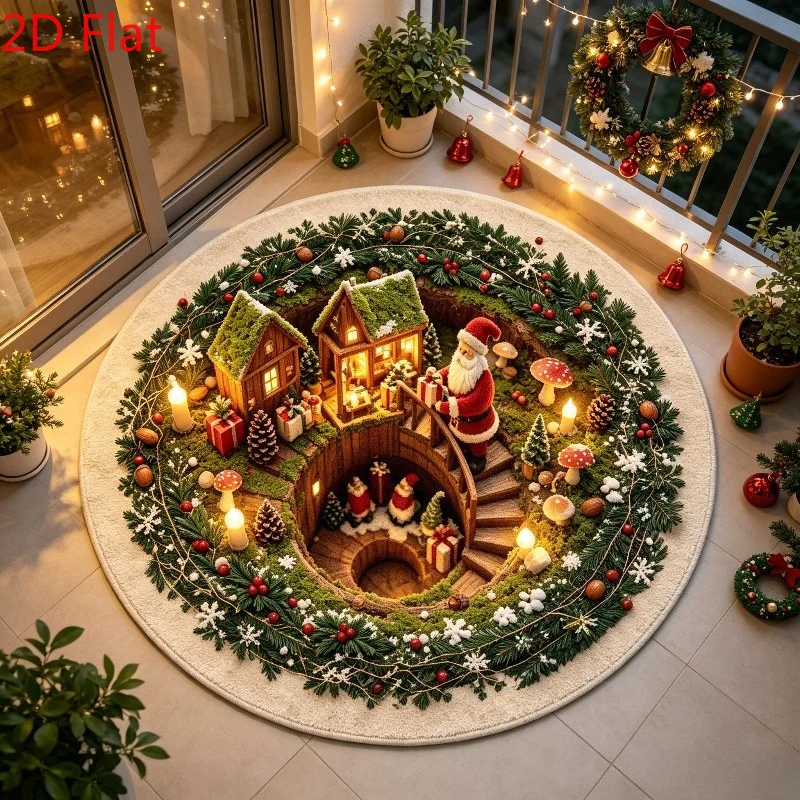Santa Claus Christmas 3D Spiral Round Area Rug Living Room Home Decor Bedroom Kitchen Hallway Floor Mat Laundry Doormat Patio
