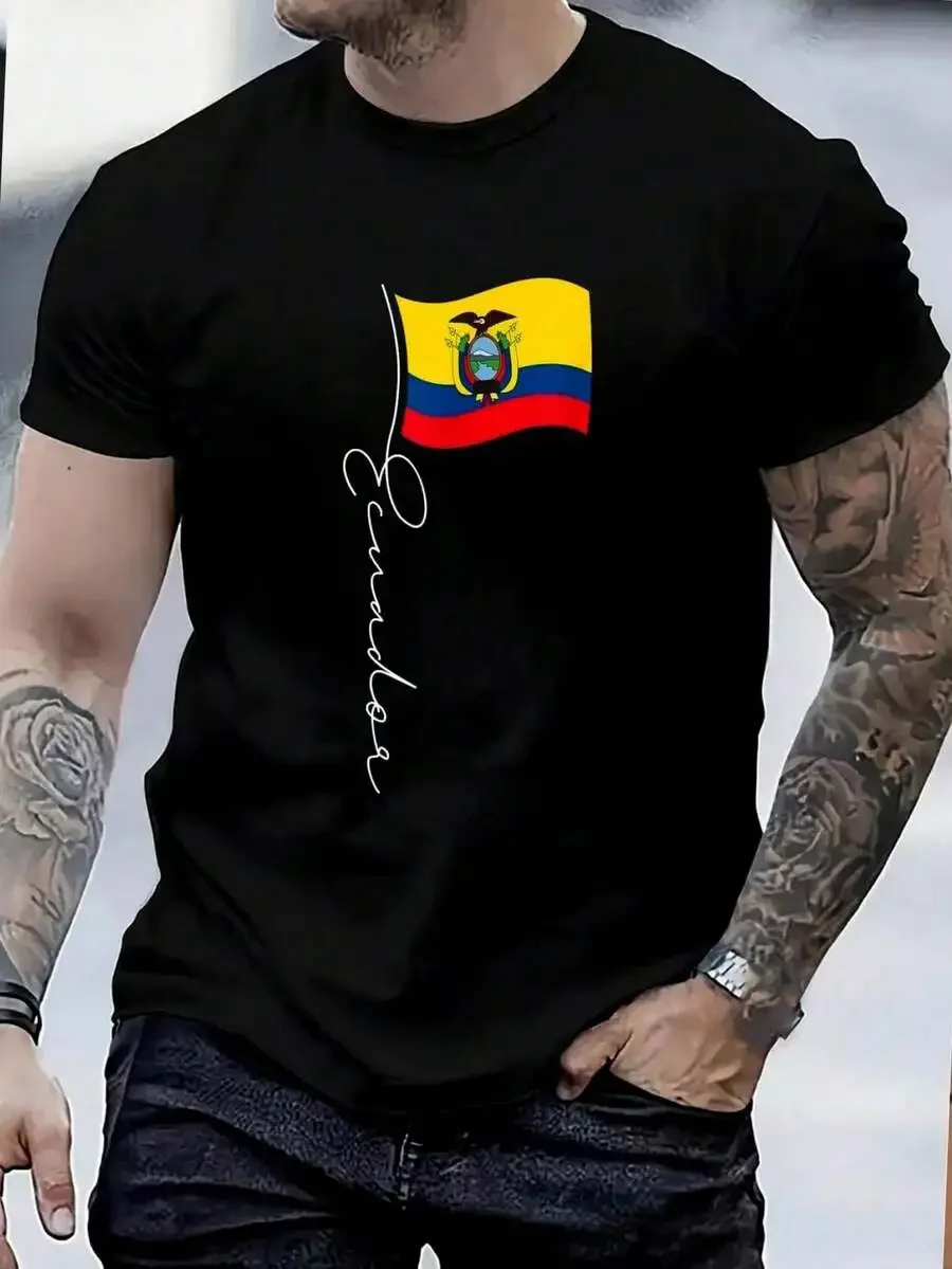 100% Cotton Ecuador Signature Flag Pole - Patriotic Ecuadorian Flag T-Shirt Women's Men's Graphic Tee Causal Tops Fashion Tshirt