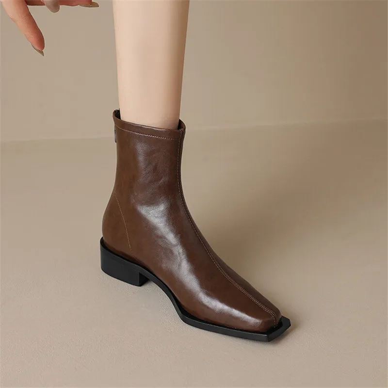 2023 New Autumn Winter Split Leather Women Boots Square Toe Short Boots for Women Chunky Heels Boots Zapatos De Mujer Female