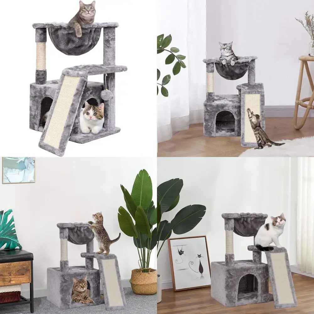

Large Adult Cat Activity Center with Scratching Posts, Plush Perch, and Hanging Toys, Light Grey