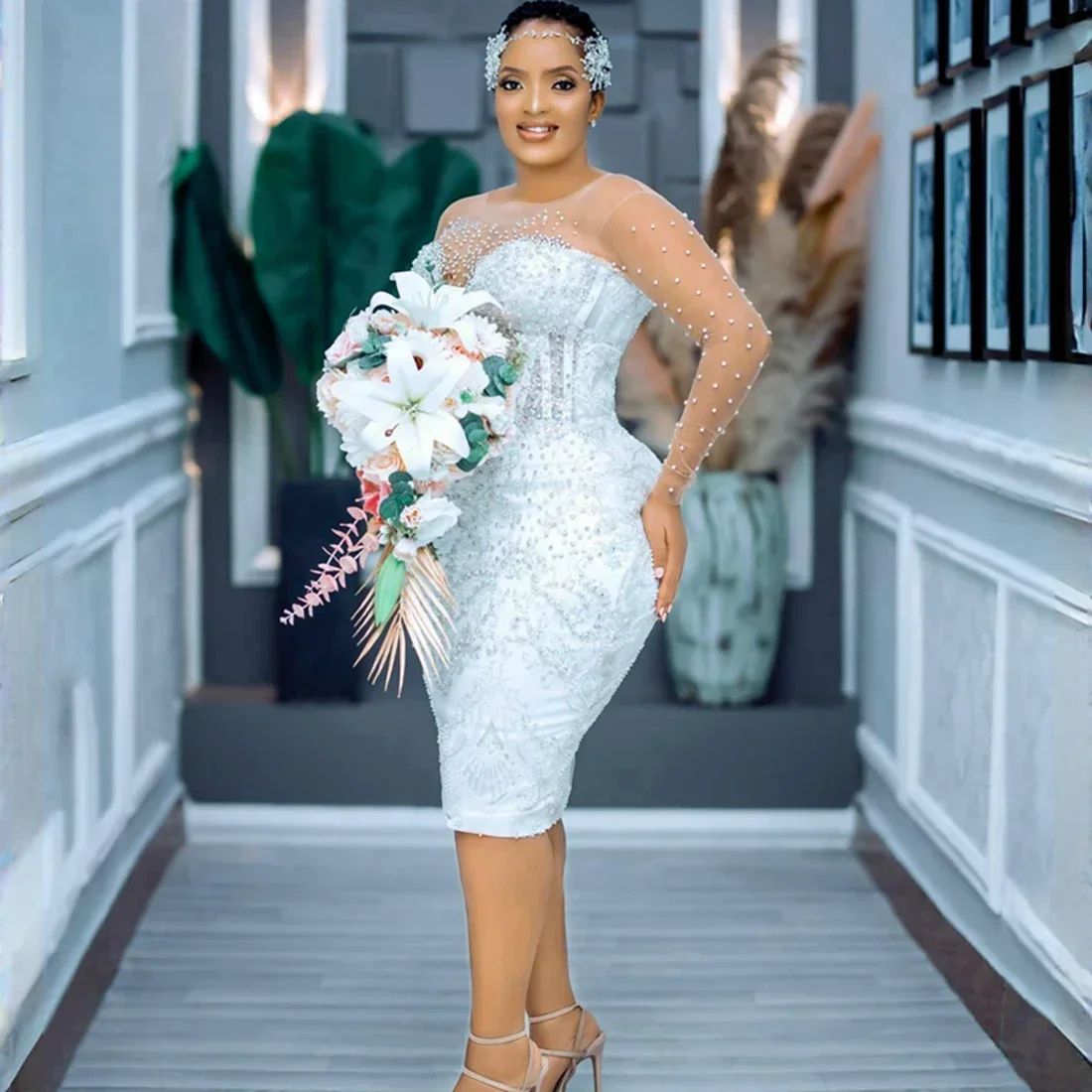 Customized  O-Neck  Sparkly Beads Crystal Wedding Dress For Bride Robe De Mariée  Long Sleeves Bridal Gown with Removable Skirt