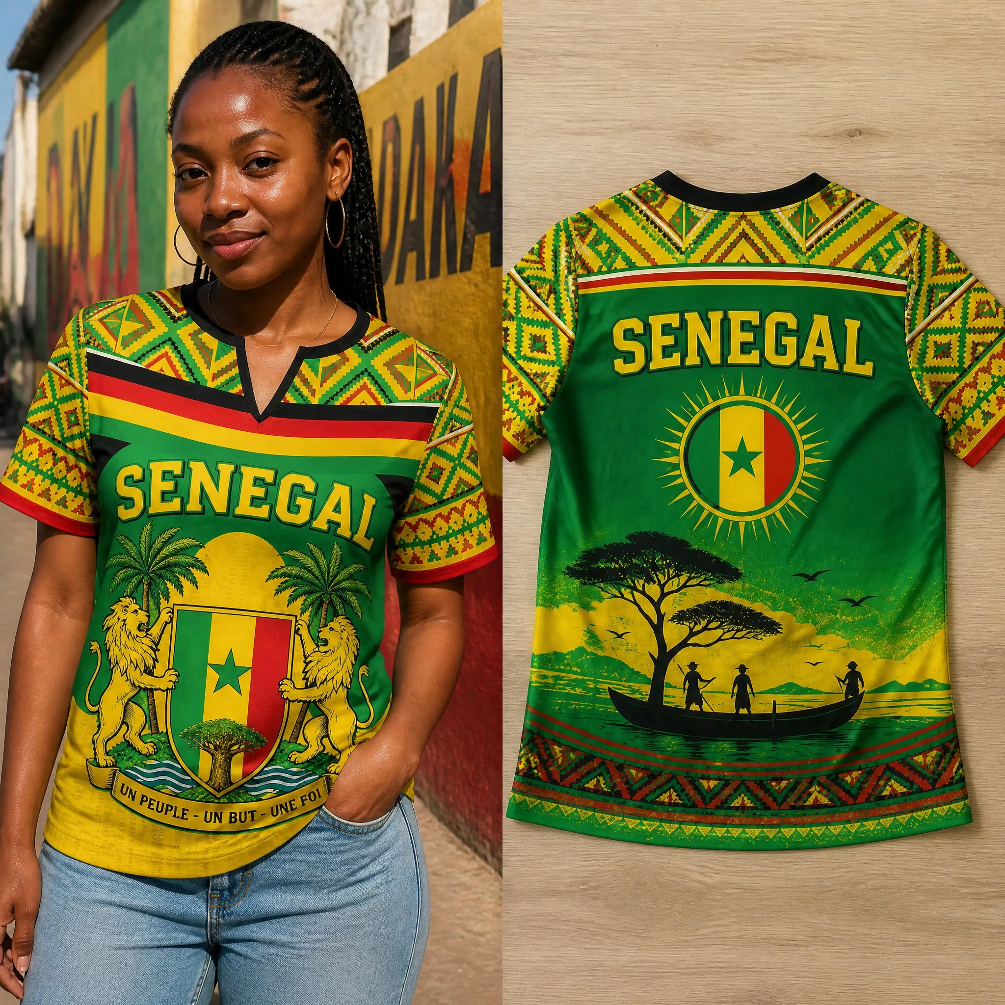 Womens Senegal Small V Neck T Shirt Green Crest Lion Palm Tree Print Short Sleeve Summer Casual Heritage Streetwear Top Look New