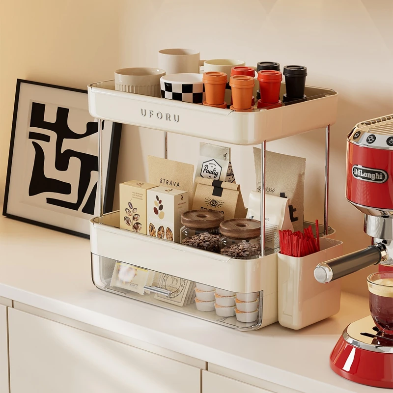Desktop Coffee Organizer, Double Layer Drawer Storage Rack with Drainage Groove, For Household Decor For Kitchen Countertop