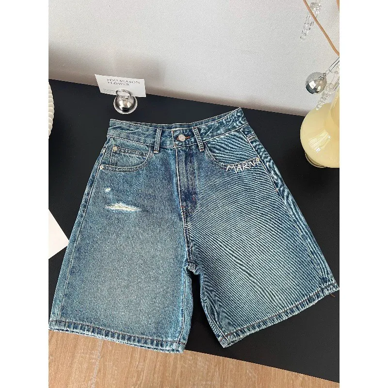 

Summer Women's Clothing Distressed Blue Denim Pants High Waisted Wide Leg Cropped Jeans For Woman Vintage Cotton Retro Straight