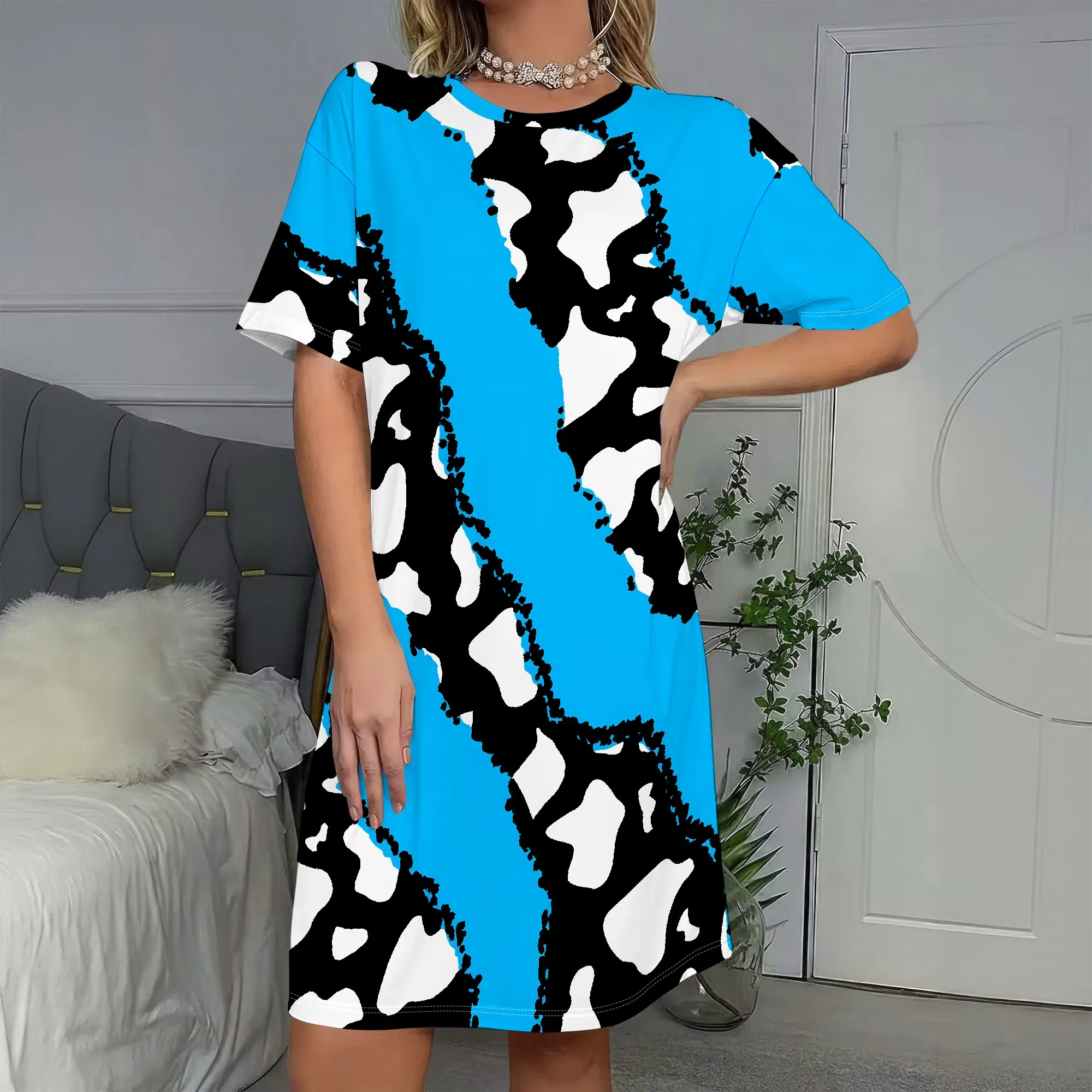 

Bold Print, Short Sleeve Dress, Abstract Blue Pattern, Black White Accents, Casual Wear, S-2XL