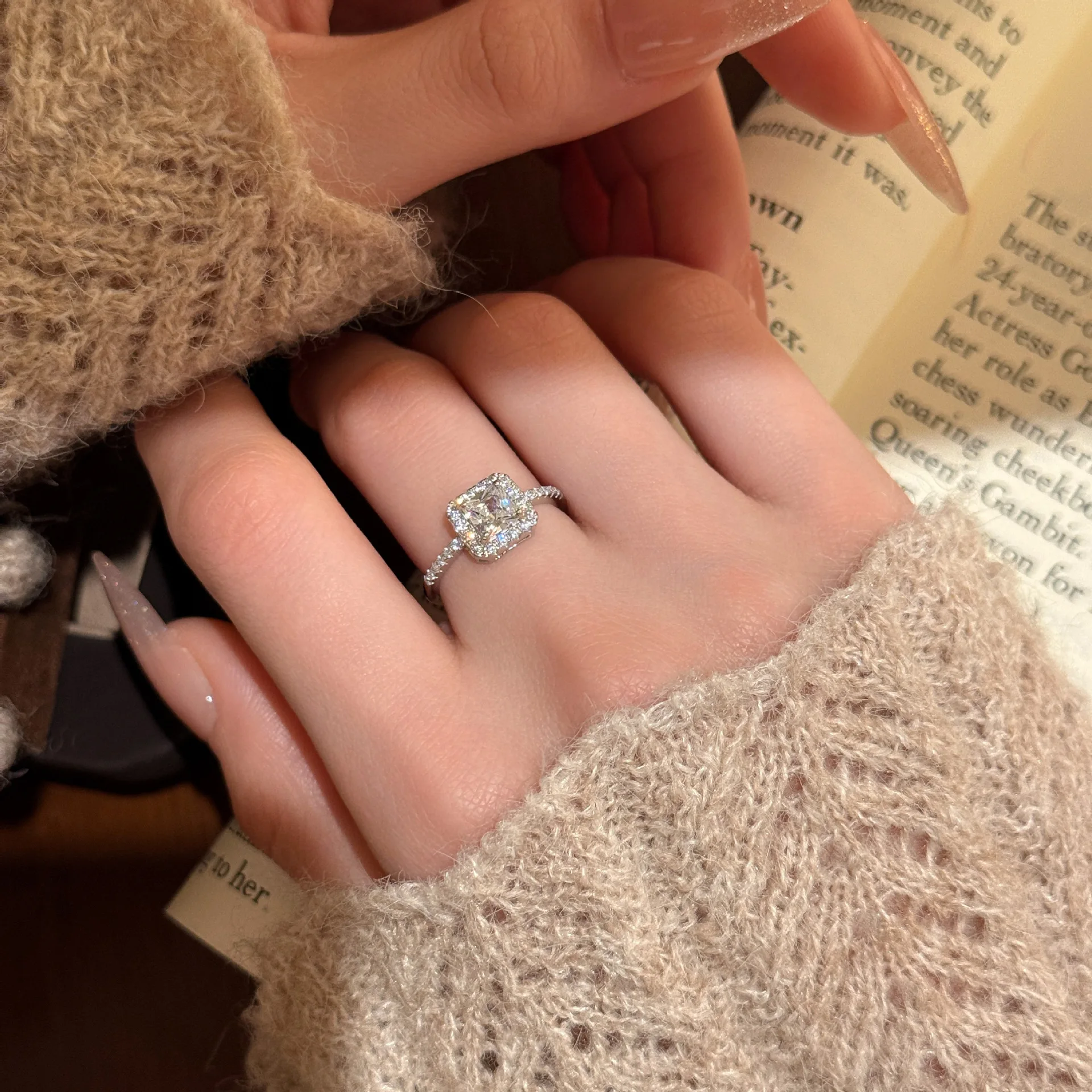 925 Sterling Silver Princess Cut CZ Ring for Women, Elegant Halo Solitaire Band Bridal Wedding Promise Ring, Timeless Fine Jewel